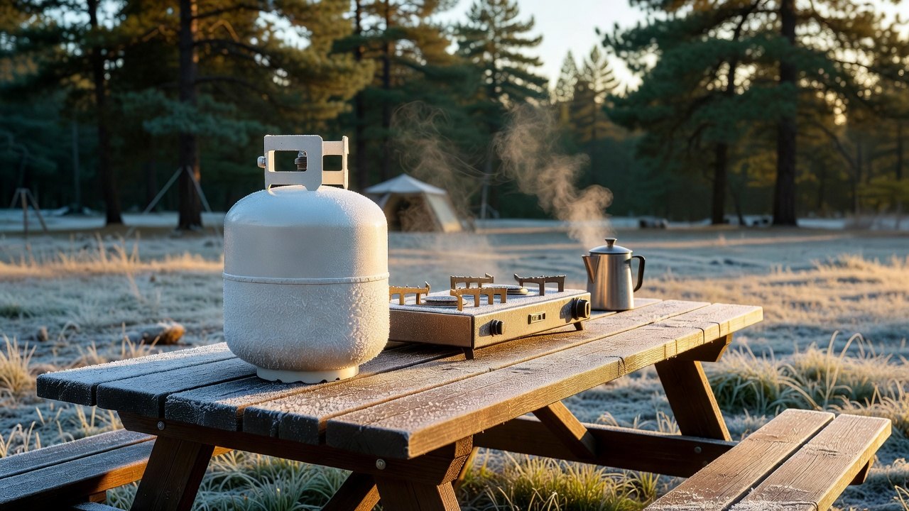 Frost line on a propane cylinder showing the liquid level after a cold morning of camp cooking