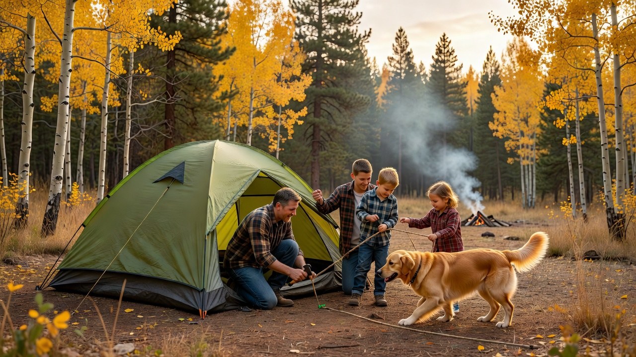 Family setting up camp at a national forest campsite in golden September light, fall colors on the hillside