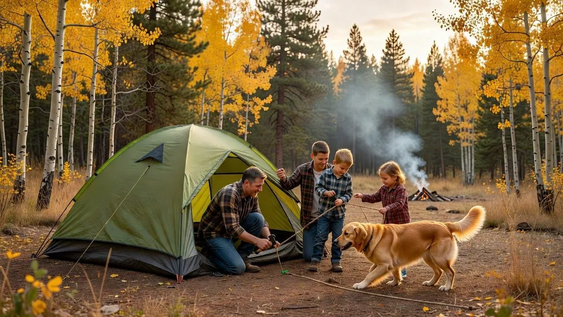 Family setting up camp at a national forest campsite in golden September light, fall colors on the hillside
