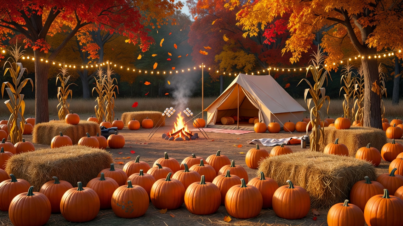 Family pumpkin patch campsite at golden hour with tent, campfire, and pumpkins