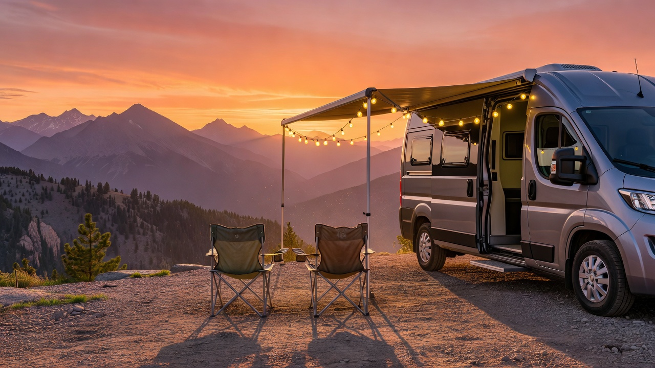 RV set up at a scenic mountain overlook at golden hour, showing shore power connected and awning extended