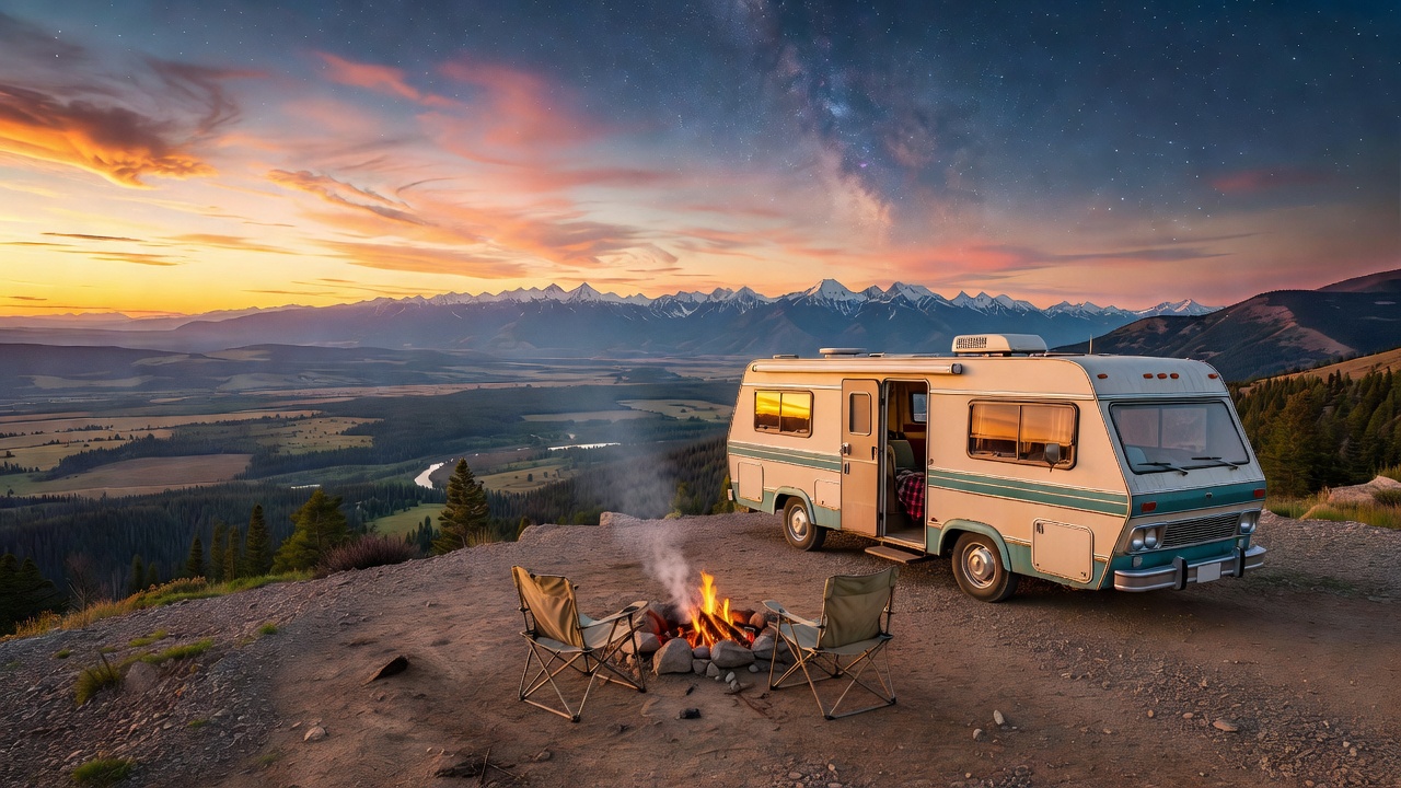 RV parked at a mountain overlook at sunset
