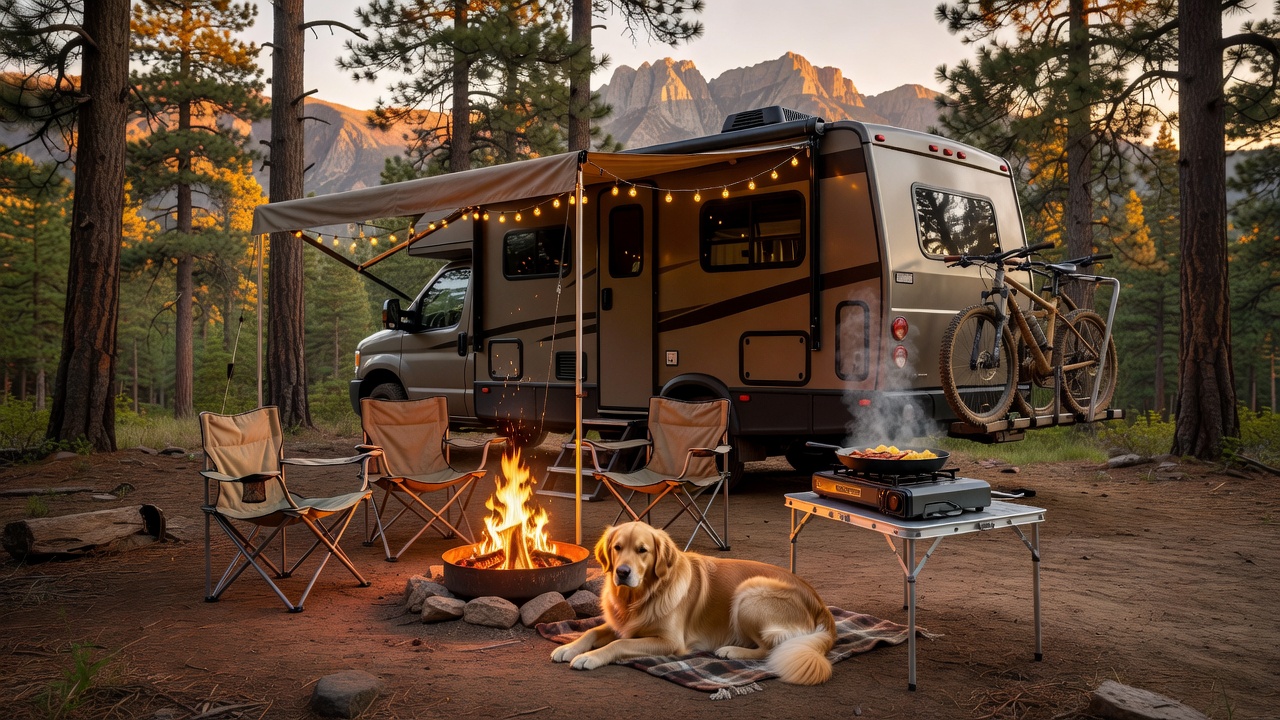 RV campsite at golden hour with awnings, campfire, and mountain backdrop