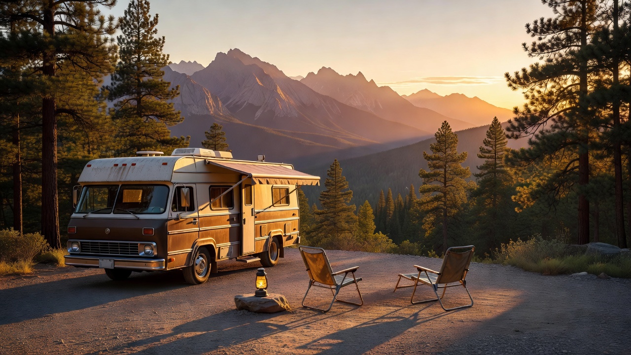 RV camper at a scenic national park overlook during golden hour, mountains in background