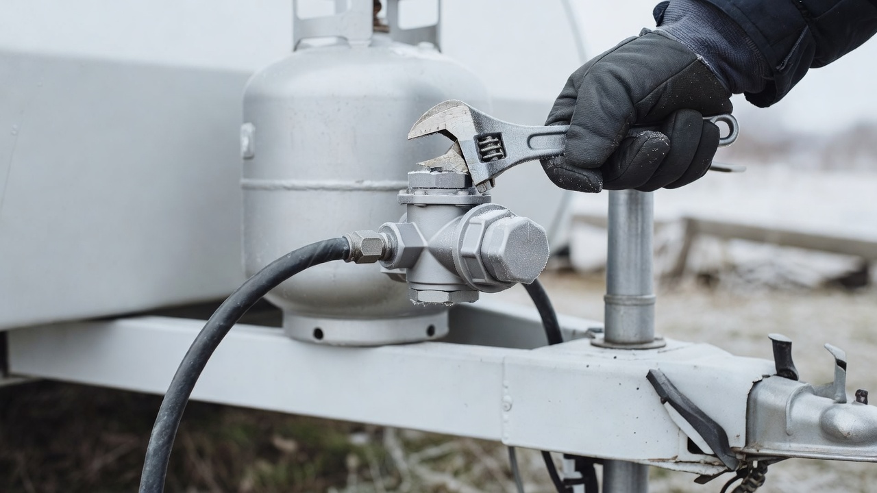Checking the two-stage propane regulator on an RV tongue in cold weather