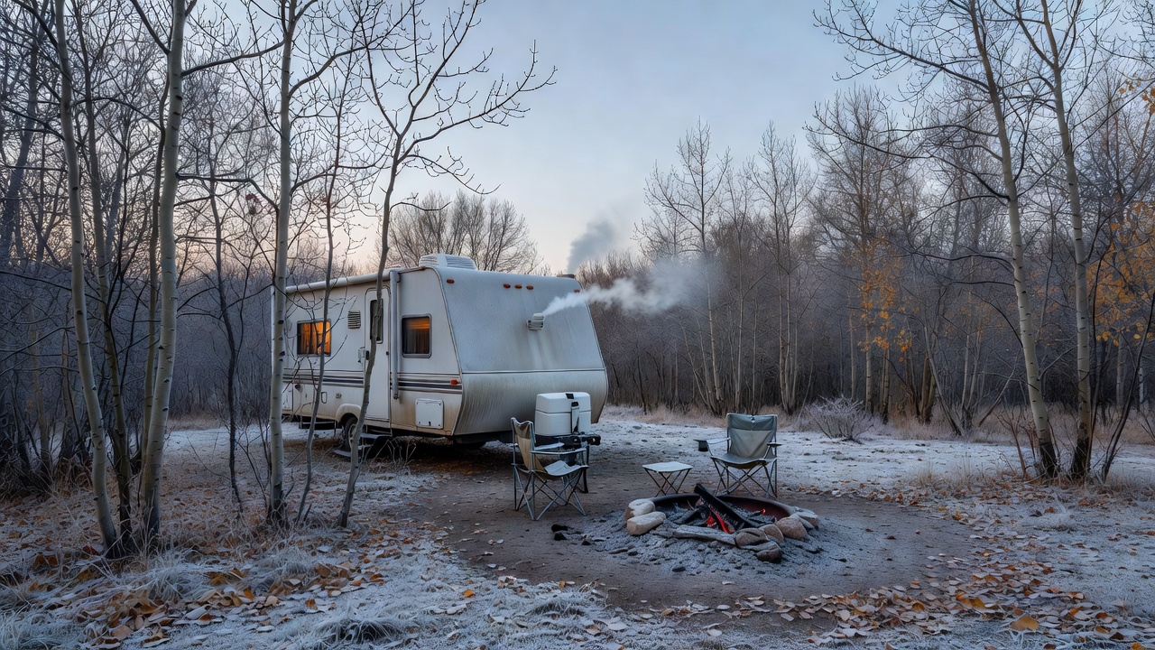 Frost on a late-autumn RV campsite with furnace exhaust drifting from the trailer vent