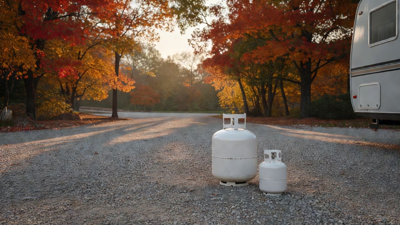 A 20 lb propane tank next to a small 5 lb refillable tank beside a camper