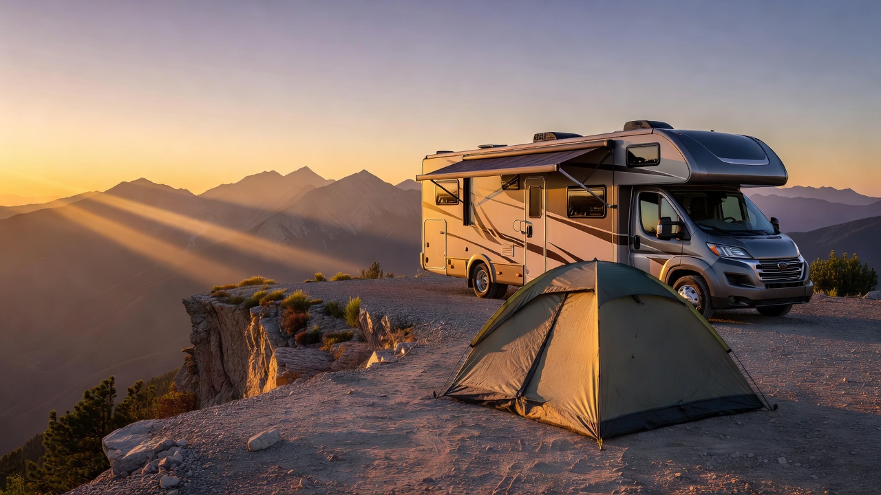 RV and tent side by side at a mountain overlook