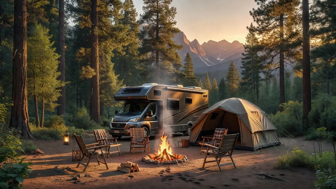 RV and tent side by side at a mountain overlook