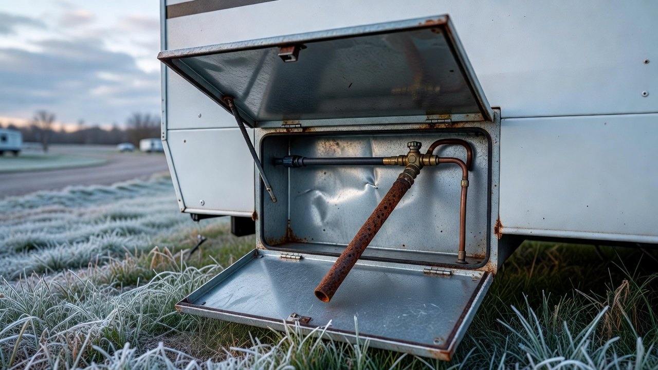 RV camper water heater access panel open with the burner tube and anode rod visible on a cold morning at a campsite