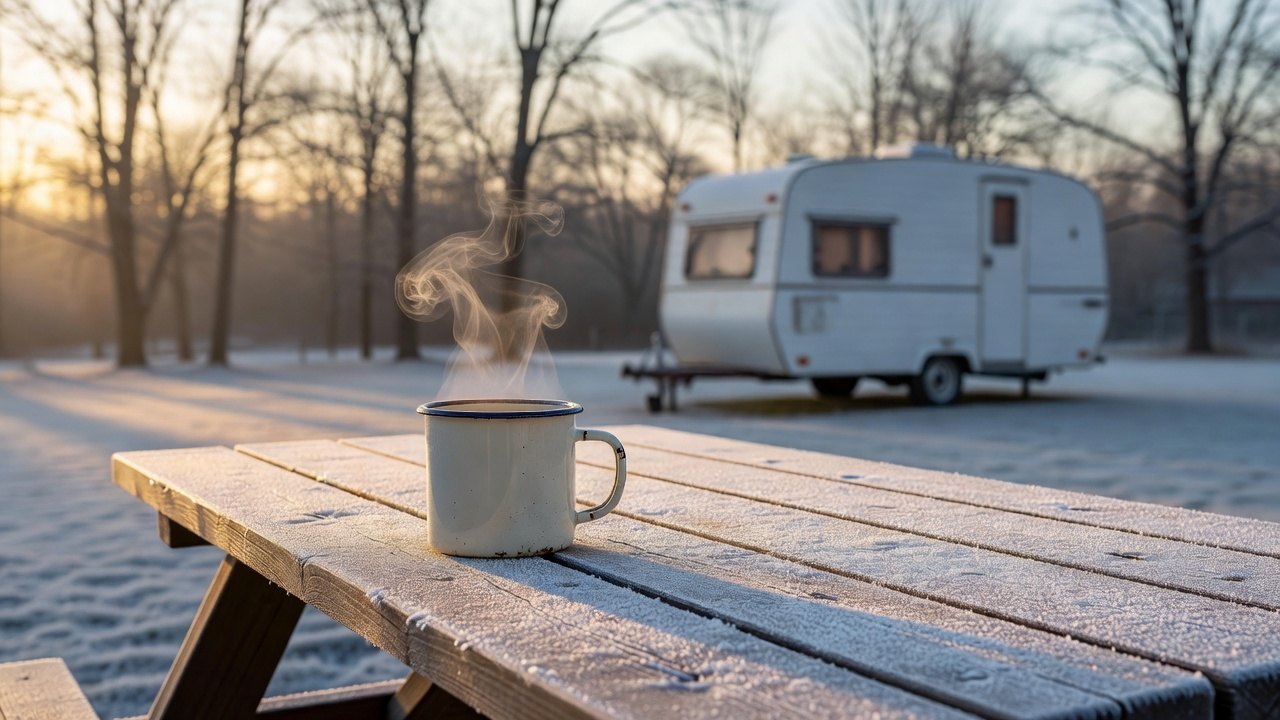 Steam rising from a mug at a frosty campground table with a travel trailer behind it