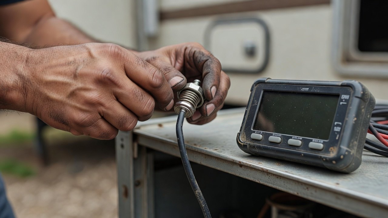 Close-up of an RV water heater electric element and thermostat removed from the tank with a multimeter nearby