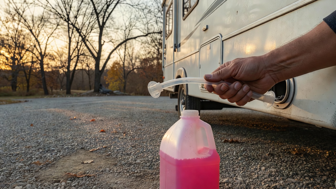 Hand holding a suction hose next to a camper water inlet with a jug of pink RV antifreeze