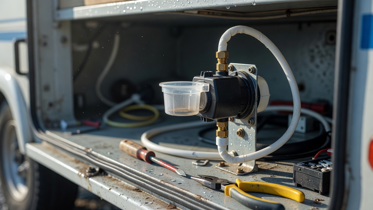RV water pump with a clear strainer bowl and flexible hoses inside a camper utility bay