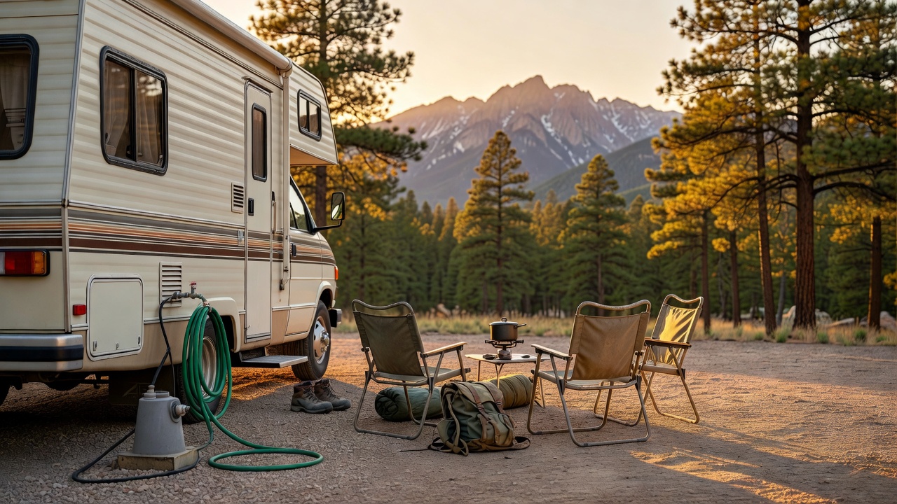 RV parked at mountain campsite with water and electrical hookups