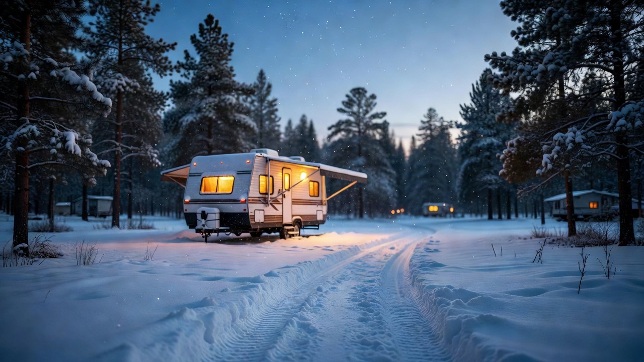 A travel trailer glowing in a snowy forest campground at dusk