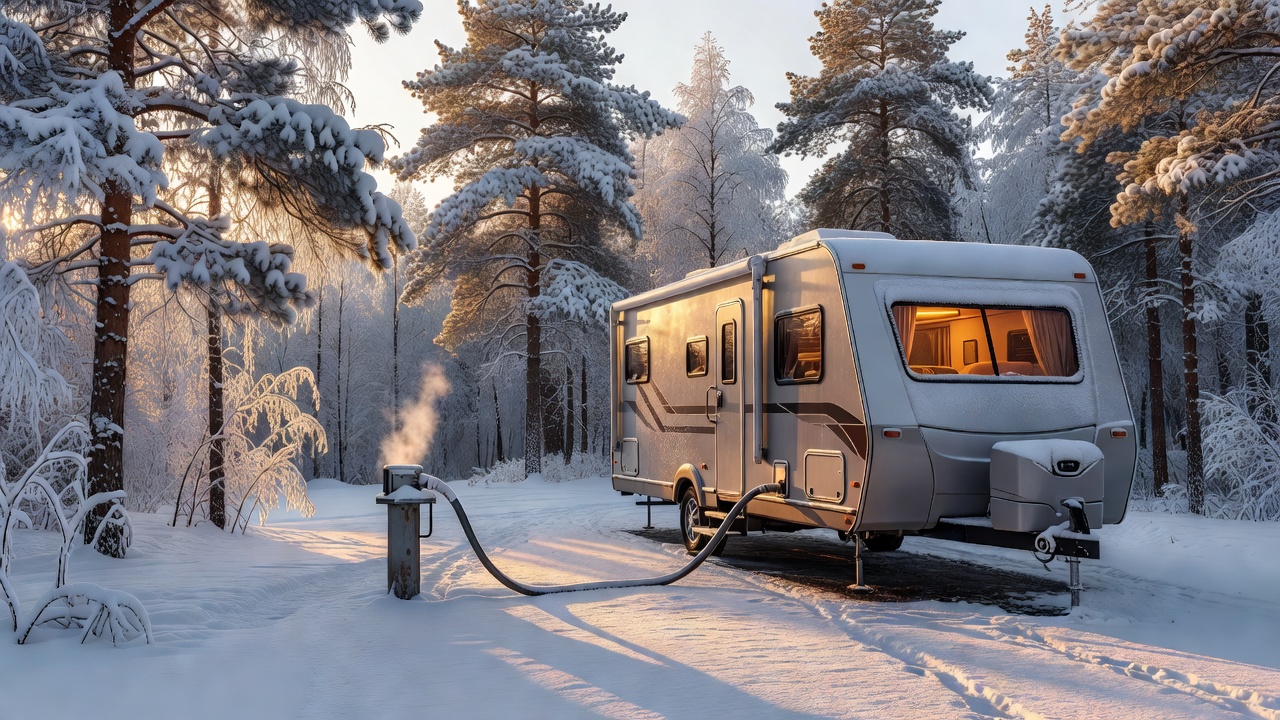 Travel trailer at a snowy campsite with a heated water hose connected for winter camping