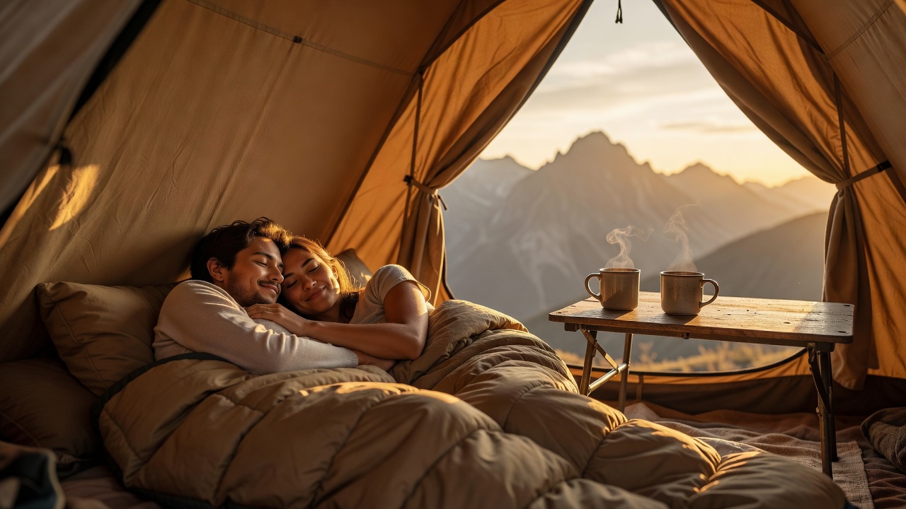 Couple sharing a double-wide sleeping bag in a tent with mountain views at sunrise