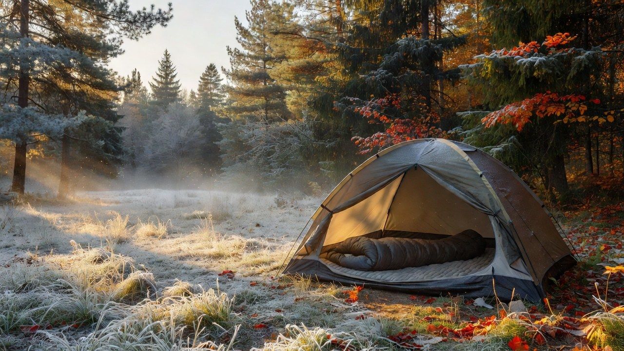 The sleep system laid out at dusk: bag rating on the left, pad R-value on the right, liner and blanket as the margin