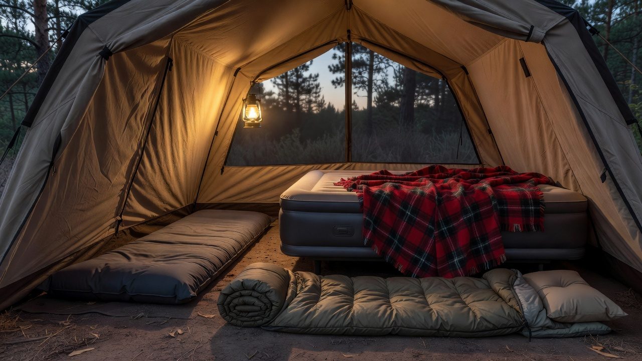 Interior of a family camping tent at dusk with a self-inflating sleeping pad beside a raised queen air mattress topped with a wool blanket