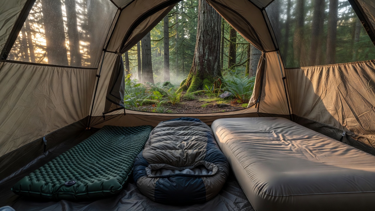 Side-by-side comparison of a self-inflating sleeping pad and an air mattress inside a tent at a forest campsite