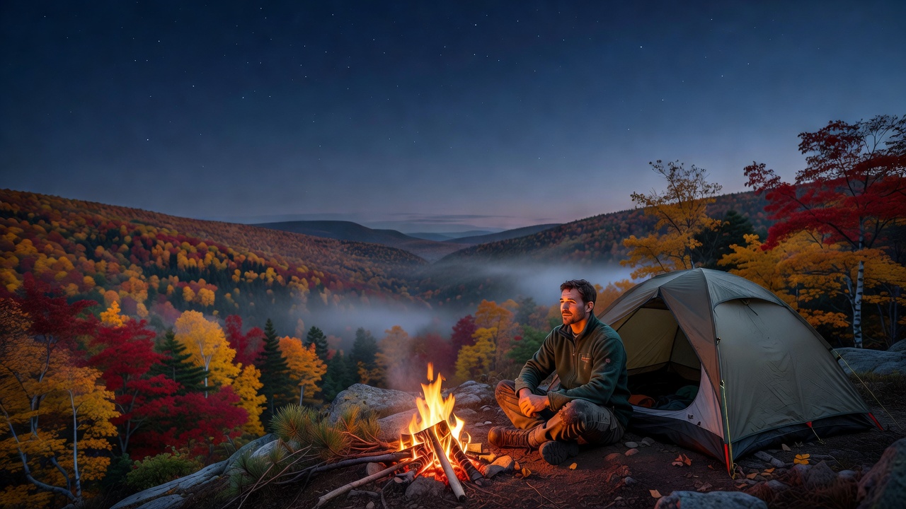 Solo camper by a campfire at dusk overlooking a mountain valley