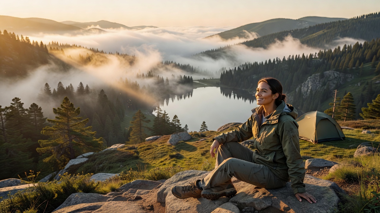 Solo female hiker on mountain trail at sunrise