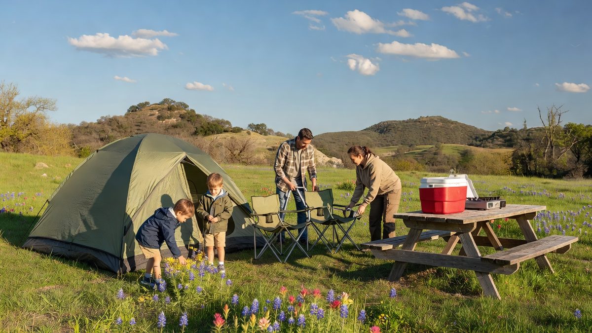 Family setting up camp on a wildflower-covered spring meadow