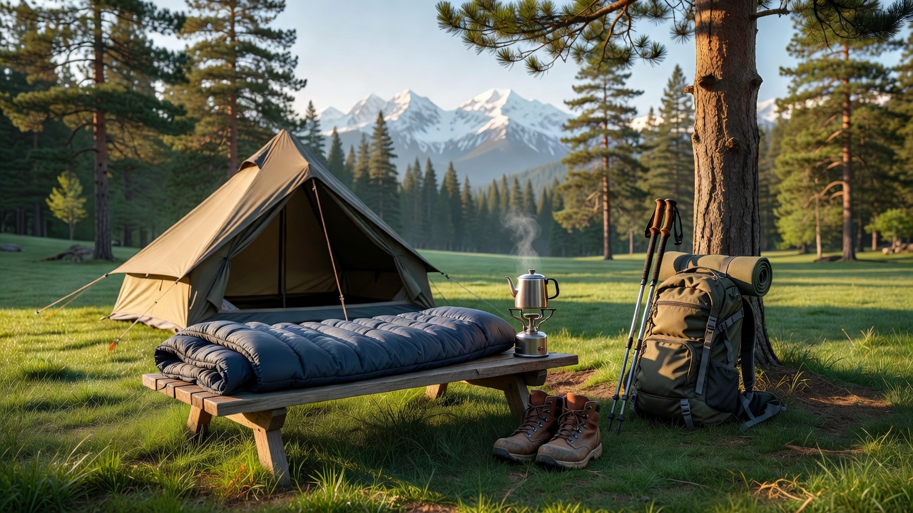 Spring camping gear laid out for inspection on a sunny morning
