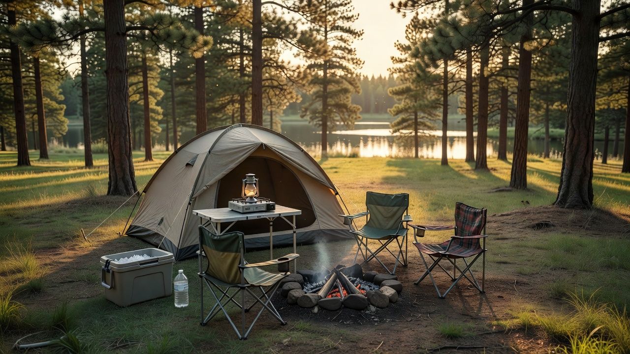 Family campsite at a state park in golden-hour light with a dome tent, camp table, stove, and camp chairs