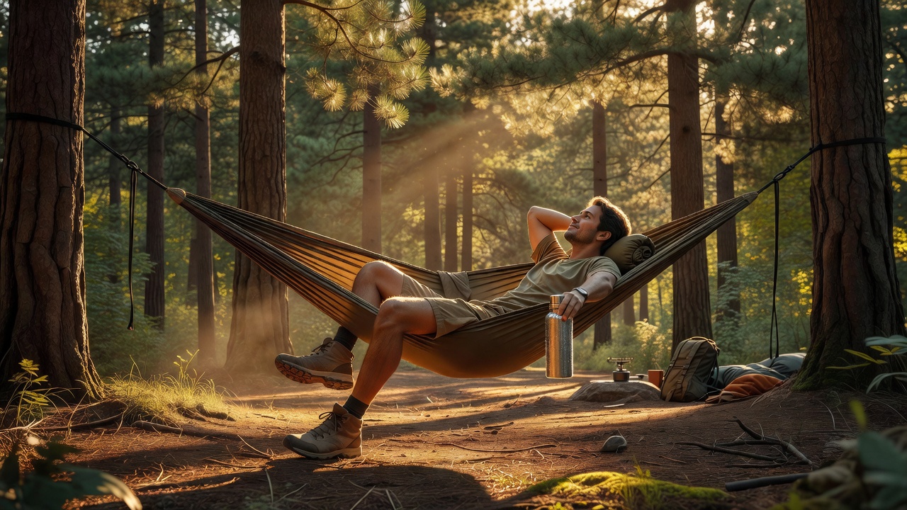 Camper relaxing in a hammock with an insulated water bottle on a hot summer day at a forest campsite