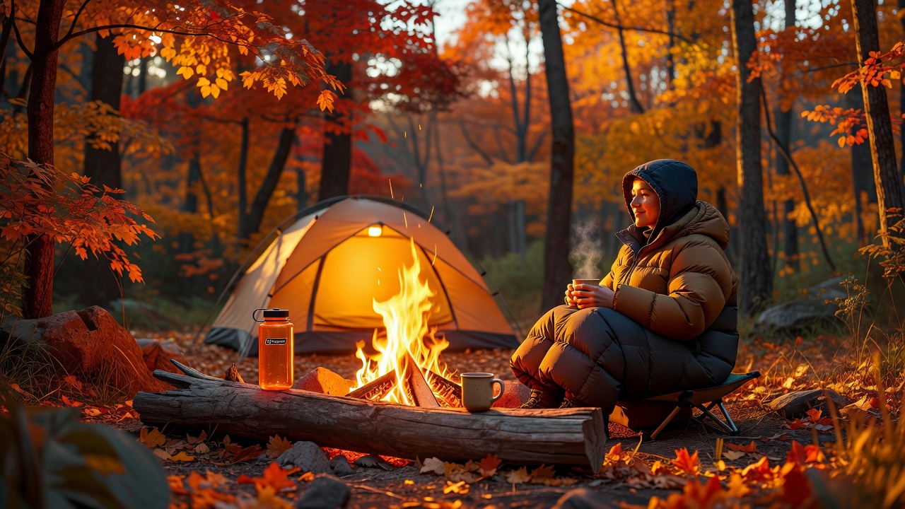 Cozy campsite with campfire at golden hour, tent glowing with warm light in background