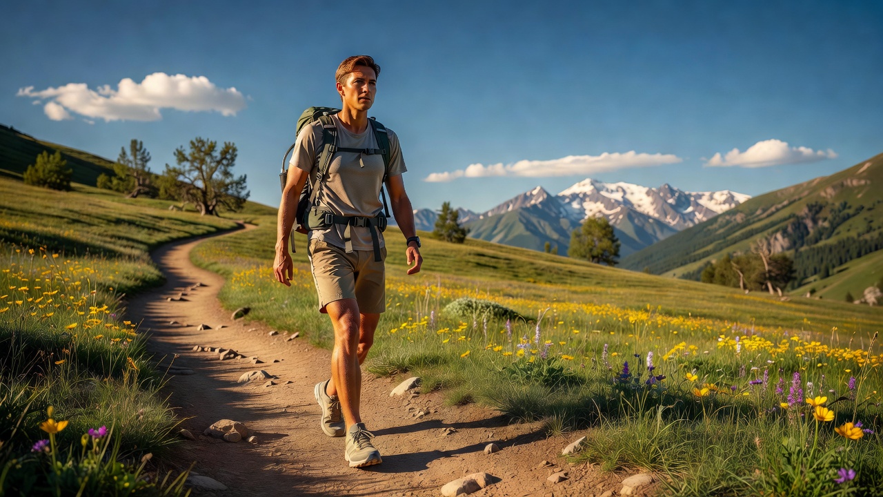 Hiker on a summer mountain trail wearing moisture-wicking hiking clothes and carrying a daypack, with alpine peaks in the background
