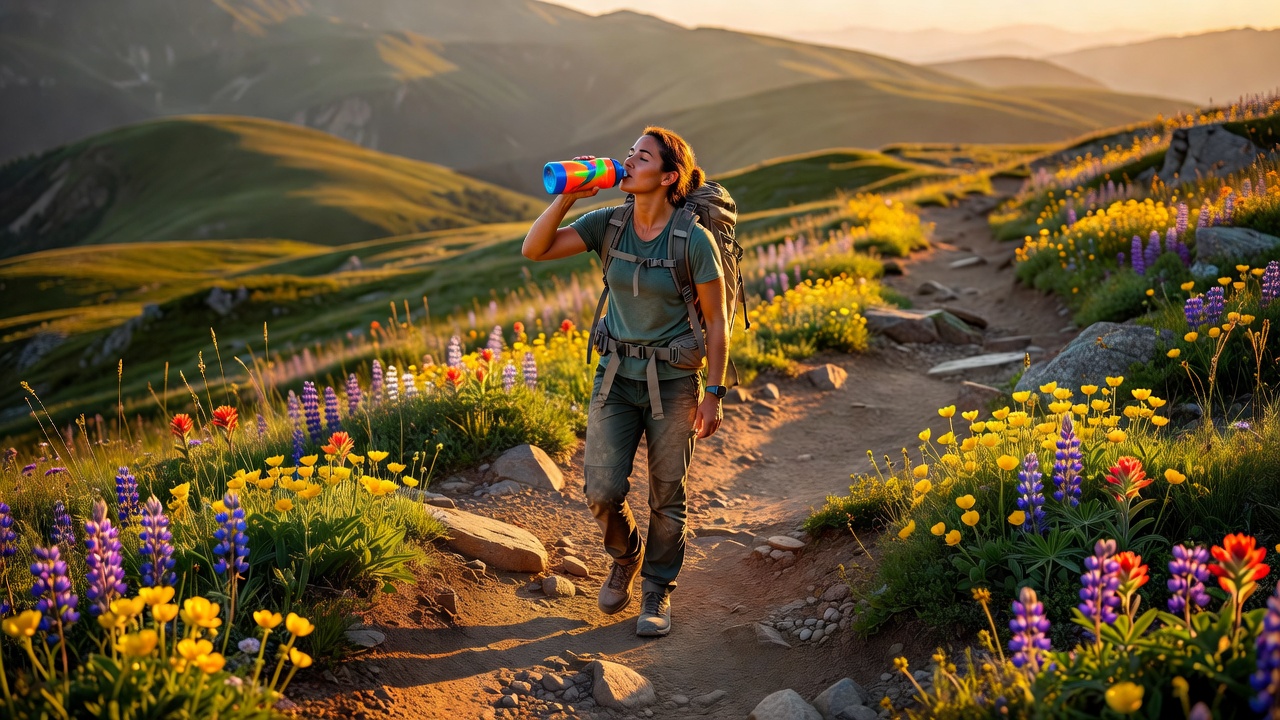 Summer hiker drinking water on trail