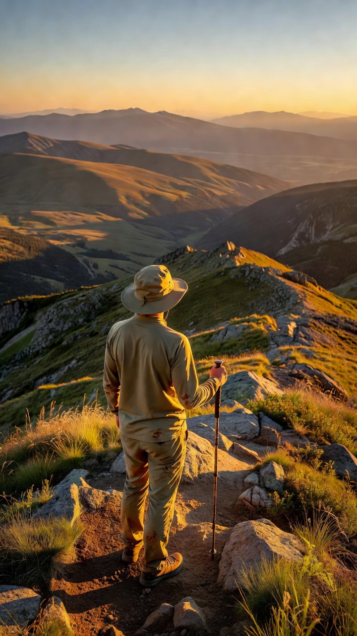 Hiker wearing a wide-brim sun hat on a sunlit trail at golden hour