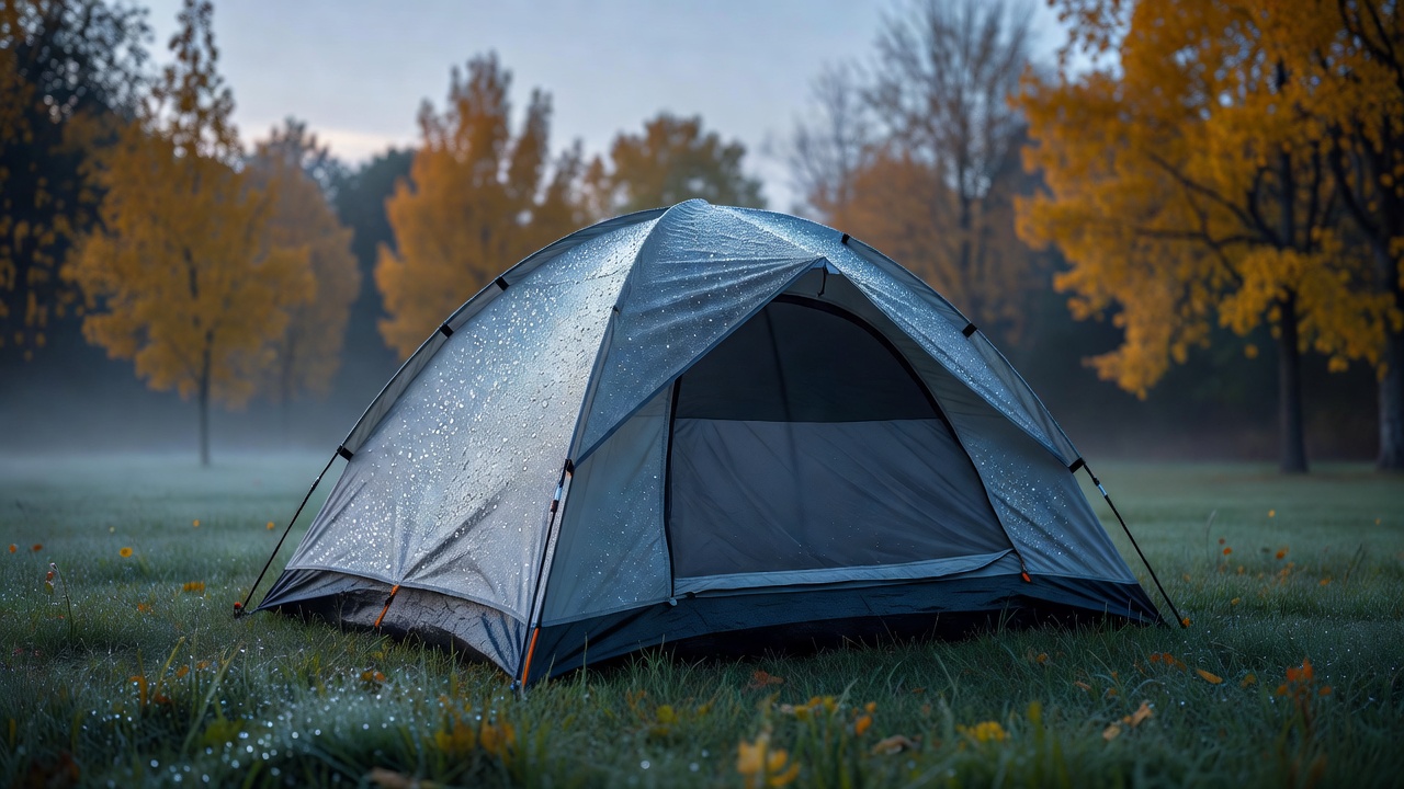 A camping tent with heavy condensation beading on its rainfly in a misty autumn meadow at sunrise