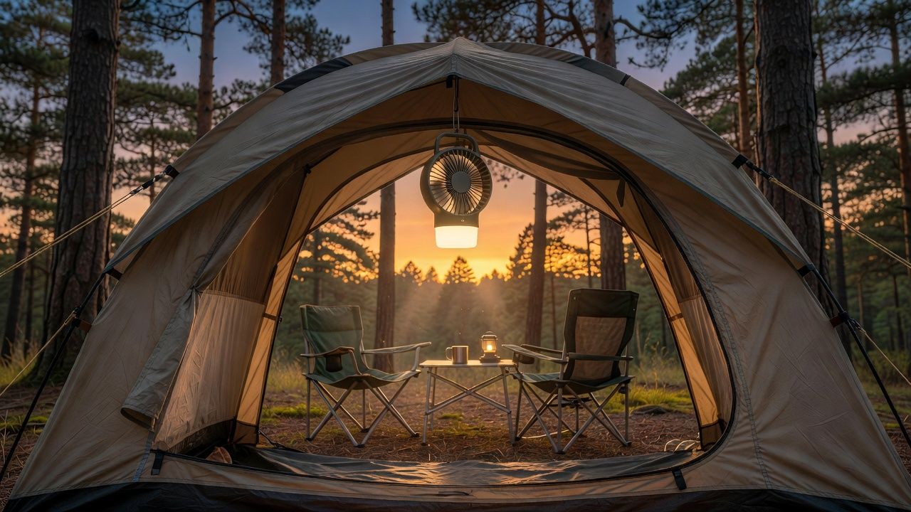 A rechargeable camping fan with built-in lantern hanging from the ceiling loop of a family dome tent at dusk