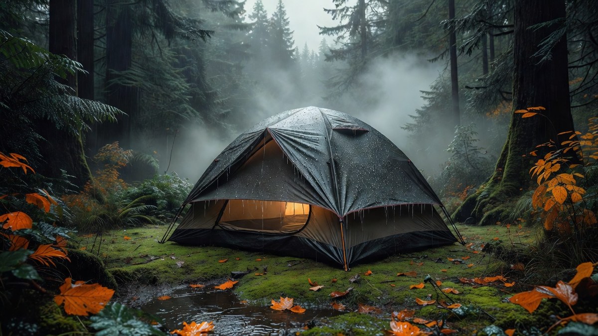 Tent fly beading water in steady October rain at a forest campsite