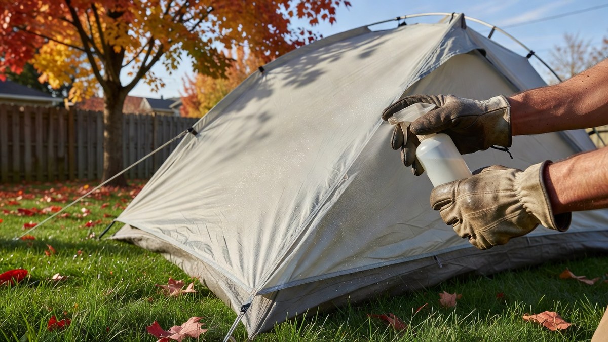 Applying spray-on tent waterproofer to the inside seam of a rain fly in a backyard