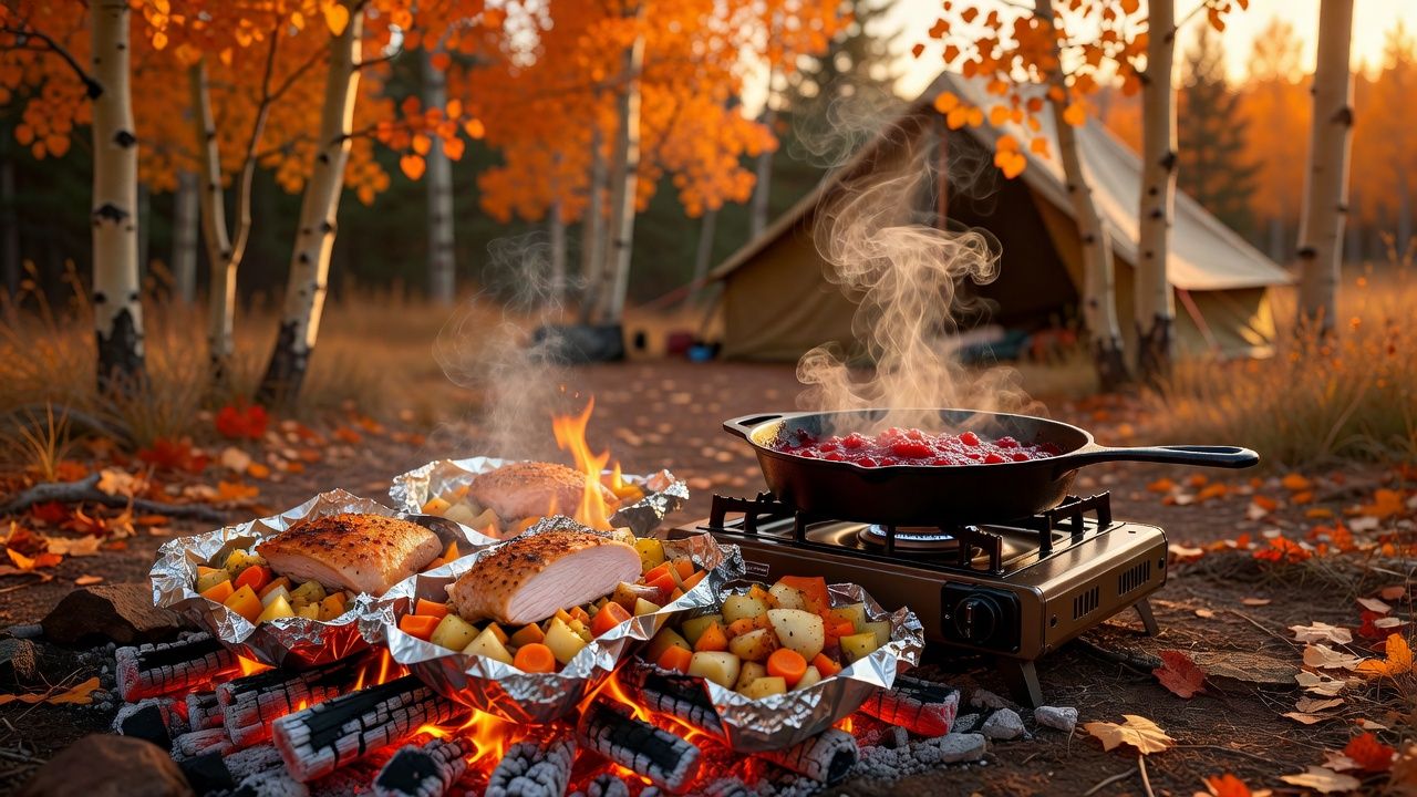Foil packets on campfire coals next to a two-burner camp stove with a cast iron skillet at an autumn campsite