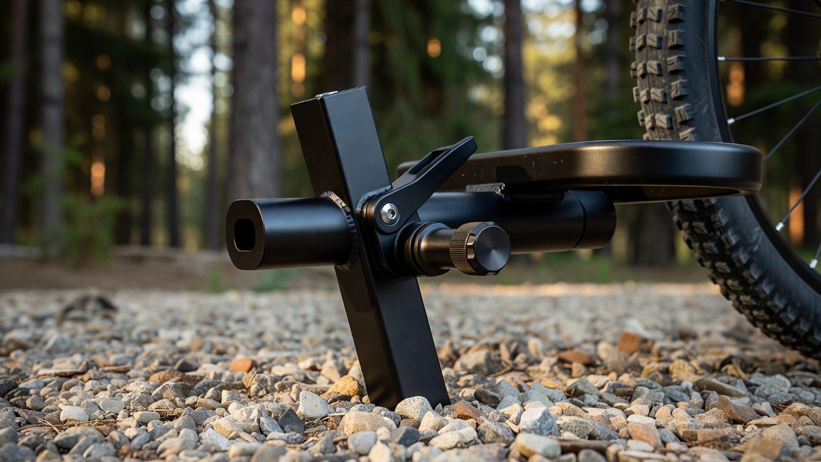 Close-up of the cam-lock anti-rattle tightener and locking knob on a hitch-mounted platform bike rack at a gravel trailhead