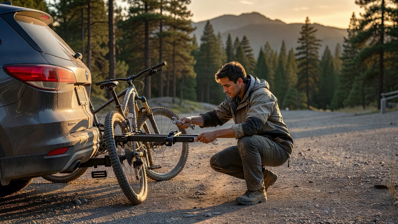Tightening a hitch-mounted bike rack into a 2-inch receiver at a gravel trailhead at golden hour