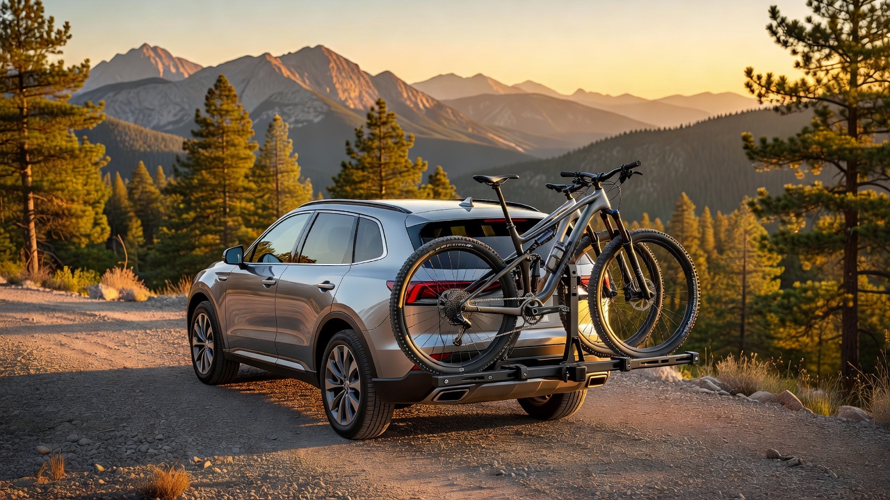 Premium hitch-mounted bike rack on an SUV at a mountain overlook at golden hour