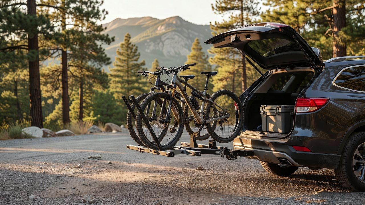 Hitch bike rack tilted away from an open SUV tailgate with two bikes still mounted in a trailhead parking lot