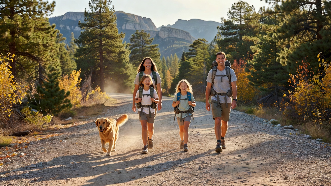 A family with kids and a dog hiking a gravel national park trail in early autumn