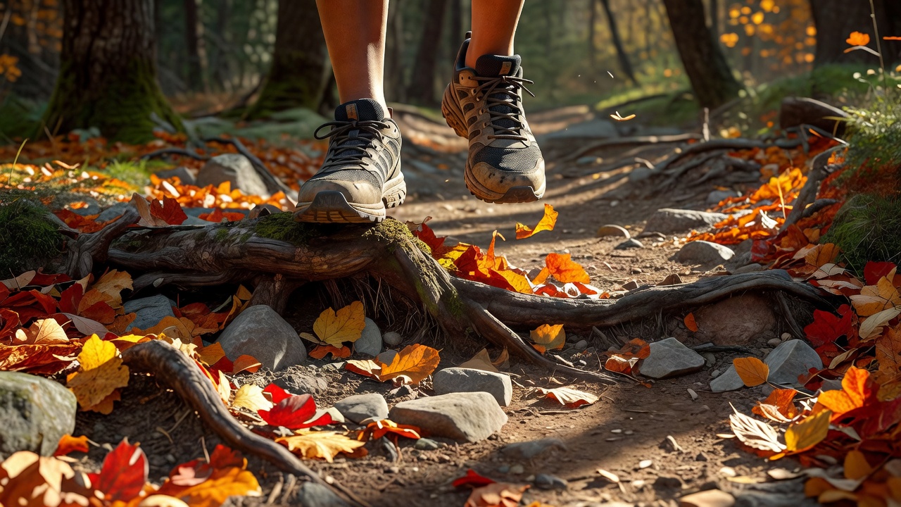 Trail runner-style hiking shoes picking through roots and rocks on an autumn trail