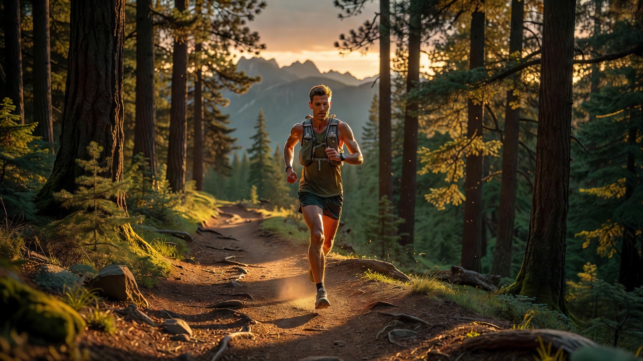 Trail runner on forest single-track at golden hour wearing a lightweight hydration vest
