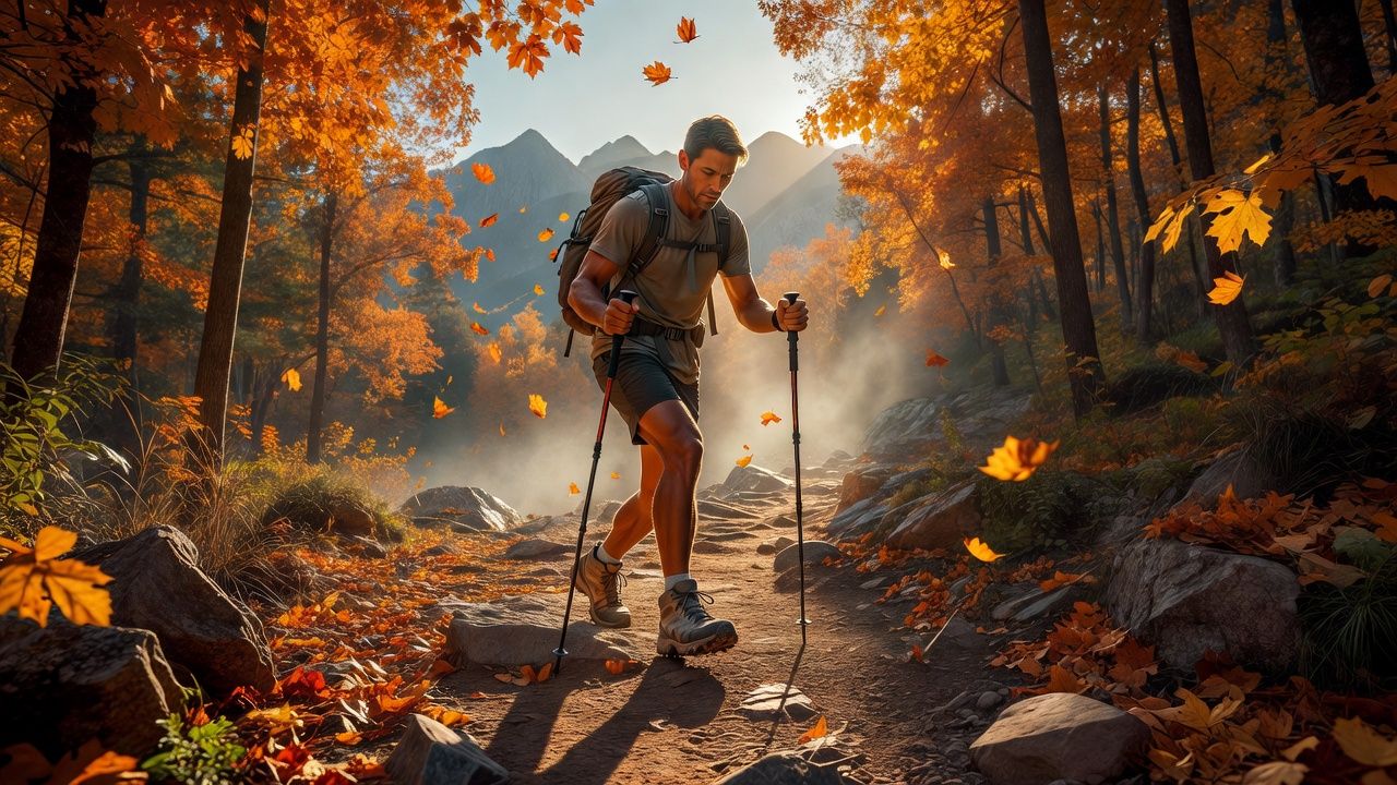 Hiker descending a rocky autumn trail with two trekking poles planted ahead on the slope