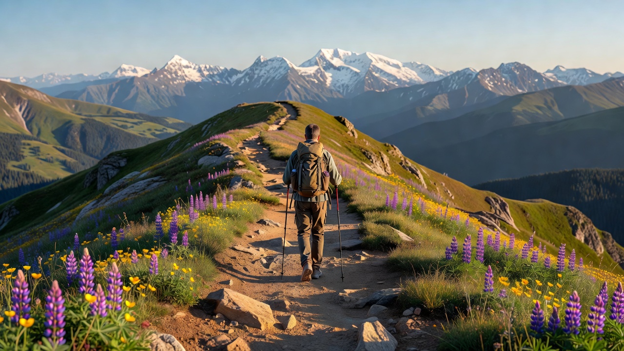 A hiker using carbon fiber trekking poles on an alpine ridge trail with panoramic mountain views β proper technique keeps knees healthy and pace steady over long distances.