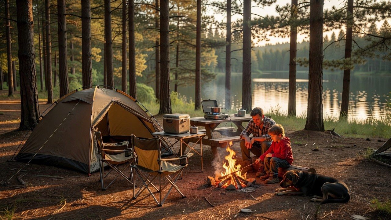 A small family campsite set up for a single overnight trip, with one dome tent, two chairs and a compact cooler